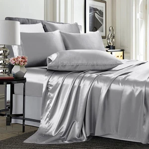 Set lenzuola 6 pezzi raso California king size grigio liscio seta con profondità  - Foto 1 di 8