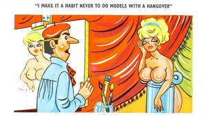 POSTCARD COMIC RISQUE MODEL BIG BOOBS ARTIST NEVER PAINT GIRLS WITH A HANGOVER - Picture 1 of 2