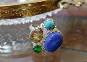 Lapiz Lazuli, Turquoise, Citrine, Topaz Silver Plated Fashion Ring Size 7.75 - Picture 1 of 3