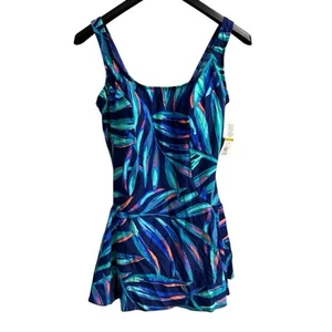 Maxine Of Hollywood Swimsuit Womens 14 Blue Palm Print One Piece Skirted Resort - Picture 1 of 6