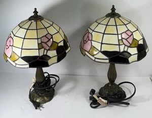 VTG 2 Tiffany Style Lamp Stained glass look hard heavy plastic shade Works 16” - Picture 1 of 7