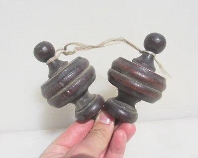 Victorian Wooden Finials Tops Curtain Pole Ends Antique Old Wood Mounts Vintage - Image 1 of 4