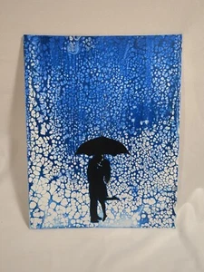 Signed Painting Art Black Silhouette Couple With Umbrella In The Rain - Picture 1 of 6