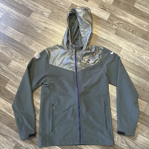 Nike On Field Baltimore Ravens Full Zip Jacket; Mens Small; Swoosh Logo; Hooded Cover