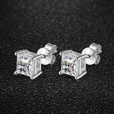 D Color VVS1 Princess Cut Moissanite Stud Earrings S925 Silver White Gold Plated - Image 1 of 4