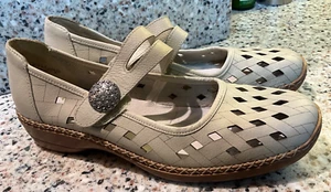 RIEKER DORIS LEATHER FLATS SIZE 9.5/41 LKNEW CREAM BLING WOMENS SHOES CUTOUTS - Picture 1 of 9