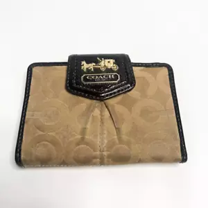 Coach Womens Bifold Wallet Brown Signature Print Credit Card Holder Zip Studded - Picture 1 of 5