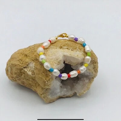 Fresh Water Pearl Bracelet Y2K Rainbow Beads Summer Gift Love Jewelry Handcraft - Image 1 of 4