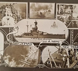 HMS Royal Sovereign Royal Merry Xmas Navy Ship c.1920s RP Real Photo  A65 - Picture 1 of 3