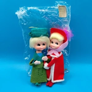 Vtg Christmas Pixie Couple Ornaments Japan Felt Red & Green With Package - Picture 1 of 15