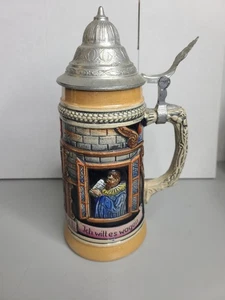 Deutscher Stein mit Zinndeckel.  Keramik Made in Germany mit Meistertrunk Motiv - Bild 1 von 11