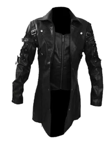 Mens Black & Brown Leather Trench Coat Steampunk Gothic Metrix Style Long Coat - Picture 1 of 9