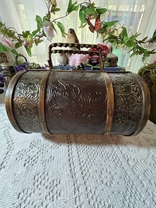 Vintage Wood & Bamboo Asian Handbag Tooled Faux Leather Floral Design - Picture 1 of 9