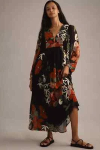 New Farm Rio x Anthropologie Long-Sleeve V-Neck Floral Maxi Dress Black M NWT - Picture 1 of 5