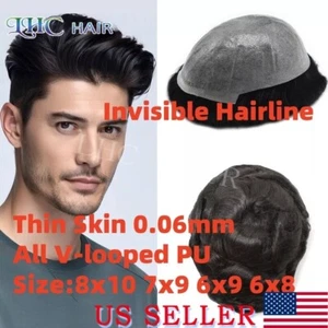 Mens Toupee Ultra Thin Skin Human Hair System All V-looped PU Hairpiece Grey Wig - Picture 1 of 92