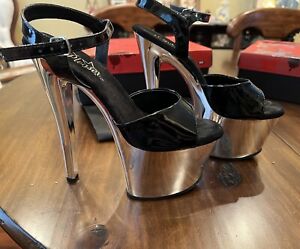 Pleaser Shoes Skye 309 Platform 7” Black Patent Silver Chrome Heels Sandals NIB