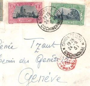 INDOCHINA 1937 Cover Saigon *AIR ORIENT* Controle/Avion RED CACHET Geneva MA1495 - Picture 1 of 9