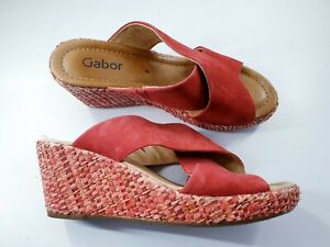 Gabor size 6 red nubuck leather cross strap slides platform wedge heel sandals