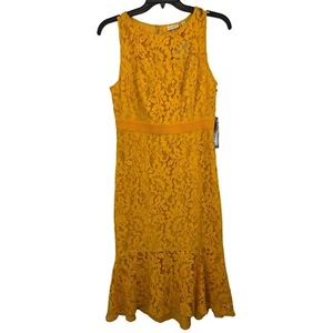 NWT Eva Mendes NY & Co 8 Mustard Lace Overlay Midi Sleeveless Dress Ruffle Hem - Picture 1 of 12