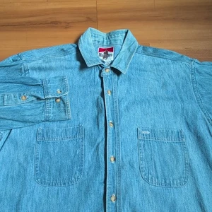 Vtg Marlboro Shirt Mens Large Blue Chambray Denim Cotton Button Up Made In USA - Bild 1 von 10