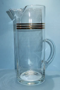 Vintage Mid Century Modern Clear Glass Pitcher with Gold Stripes 11-3/8" Tall - Picture 1 of 12