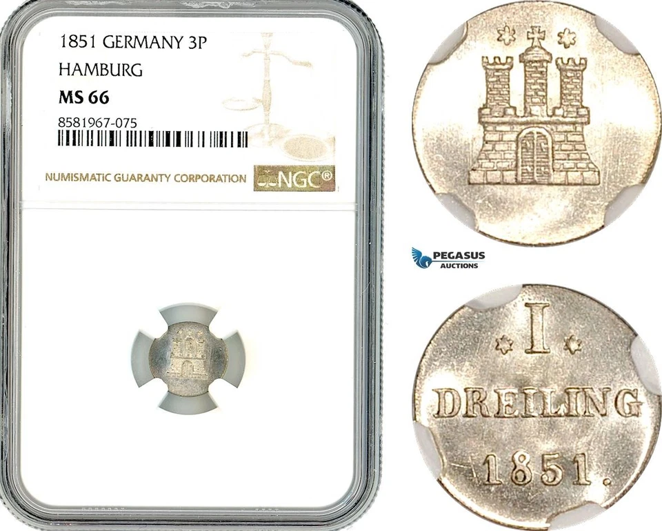 AL307, Germany, Hamburg, 1 Dreiling 1851, Billon, NGC MS66, Top Pop! - Image 1 of 1