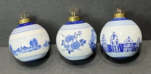 Set of 3 Vintage Delft Holland Christmas Ball Ornaments with Brass Tops - Picture 1 of 2