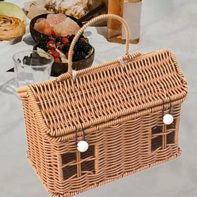 Woven Rattan Basket House Shaped Gift Wrapping Basket Picnic Basket Suitcase Box - Image 1 of 4