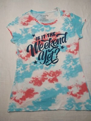 Junior Womens Tie Dye Is It The Weekend Yet? Red White Blue T-Shirt XL 15-17 - Image 1 of 4