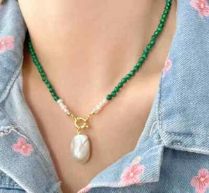 Collar colgante de perlas barrocas blancas + cuentas redondas de malaquita verde de 6 mm 18" AAA - Imagen 1 de 1