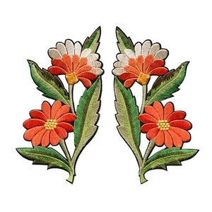 Vintage Floral Bouquet (2 Pack) Embroidered Iron-On Patch - Retro Orange & Cream - Picture 1 of 2
