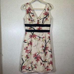 Donna Ricco 100% Silk Womens 8 Floral Dress Sleeveless V-Neck Knee Length Beige - Picture 1 of 9