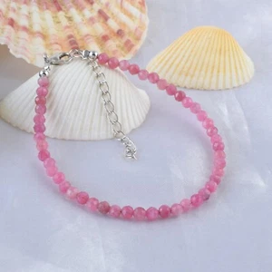 Handcrafted Natural Pink Tourmaline 3mm Beads Chain 925 Silver Unisex Bracelet - Picture 1 of 6