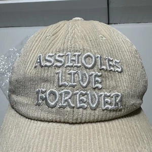 Linda Finegold Hat Mens Corduroy Cream White Assholes*s Live Forever Casual Cap - Picture 1 of 9