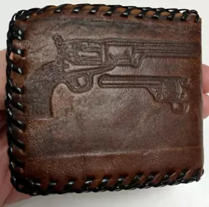 Vtg Handmade Tooled Laced Mens Bifold Leather Wallet Western Youth Pistol Cow - Picture 1 of 23
