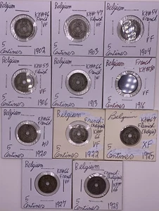Belgium  1902 - 1928 Five 5 Centimes 11 Coin Lot Nice High Grades VF - AU Coins - Picture 1 of 12