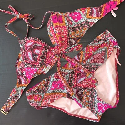 Victoria's Secret Wrap 34C BIKINI M parte inferior rosa ROJO naranja verde azulado oliva MOSAICO Foto 1 de 3
