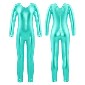 Girls Bodysuit Shiny Jumpsuit Metallic Leotard Sport Unitard Long Sleeves Jazz - Picture 1 of 70