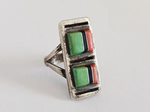Early Signed J Panteah Zuni Sterling Silver Green Turquoise? Coral & Onyx Ring - Picture 1 of 12