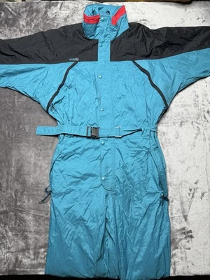 Terno de esqui masculino vintage Columbia peça única Omni Tech preto roxo azul-petróleo GG - Imagem 1 de 4
