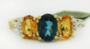 GENUINE 0.83 Cts BLUE ZIRCON, YELLOW TOPAZ & DIAMONDS RING 10K GOLD - NWT - Picture 1 of 6