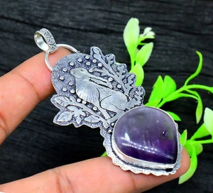 Amethyst Gemstone Handmade 925 Sterling Silver Jewelry Rabbit Pendant Sz-3.2'' - Picture 1 of 4