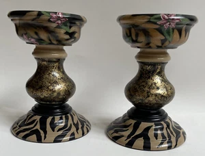 Anita Rosenberg Pair Of Hand Painted Candlestick Holders Animal Print & Flowers - Picture 1 of 6
