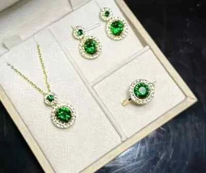 Necklace & Earring Set Bridal Ring Lab Created Emerald 14K Yellow Gold Plated - Picture 1 of 16