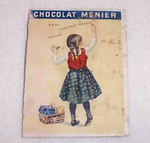 Tarjeta comercial victoriana Chocolat Menier 1894, bebida de chocolate niña graffiti Francia - Imagen 1 de 2