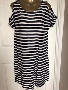 NEXT NAVY BLUE CREAM STRIPE SEQUIN OFF SHOULDER DRESS 14 WORN ONCE VGC - Picture 1 of 6