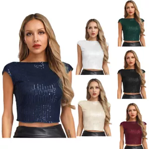 Damen Oben Zuschneiden Dressy T-Shirt Einfarbige Farbe Oberteile Bankett Ladies - Picture 1 of 74