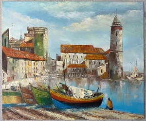 Port de Coullioure France Post Impressionist Oil Painting, Fishing Boats, 1960S - Picture 1 of 7