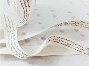 Bertie's Bows VINTAGE SCRIPT - Printed Natural cut edge Linen ribbon - 15mm - Picture 1 of 3