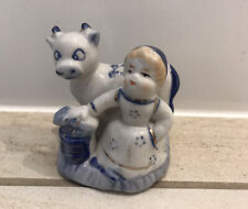 Milk Maiden & Cross eyed Cow Figurine Bisque Blue White Dutch girl  3.5”x3” EUC